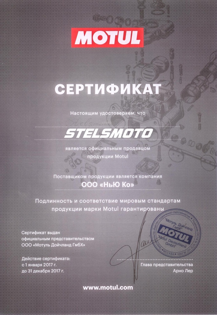 Сертификат партнера MOTUL